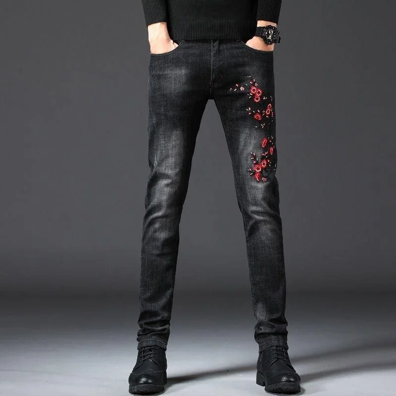 Men’s Dragon Embroidery Slim Fit Jeans