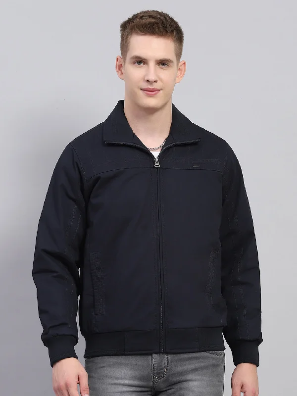 Men Navy Blue Solid Collar Full Sleeve Jacket