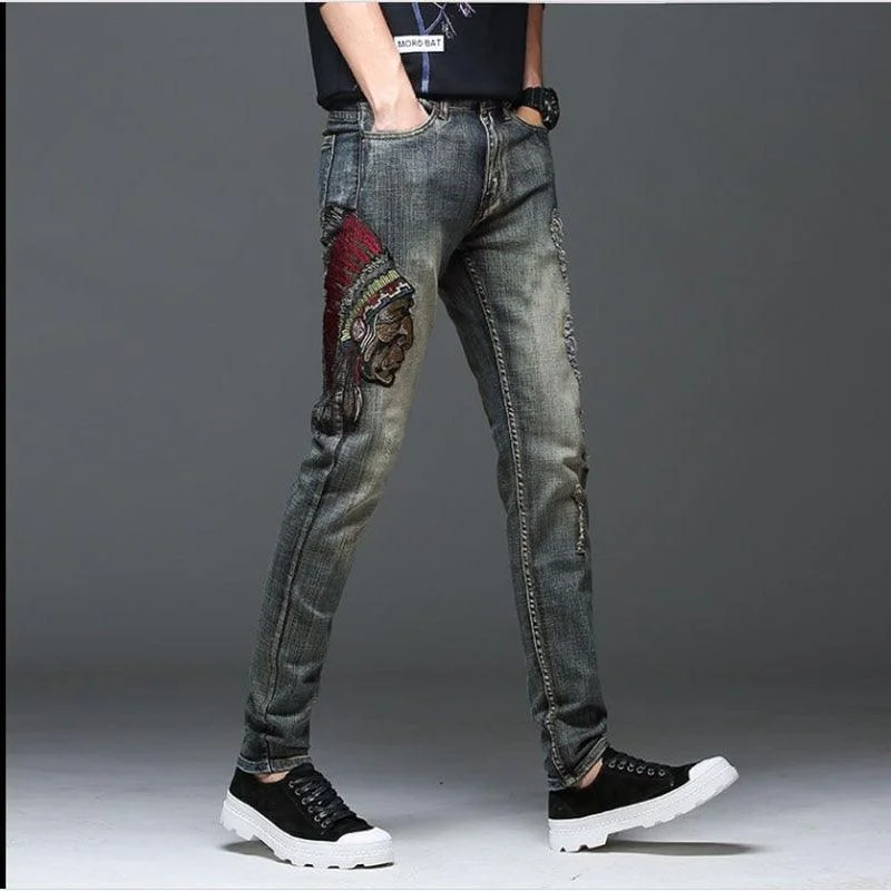 Men's "Skull" Embroidered Stretchy Jeans