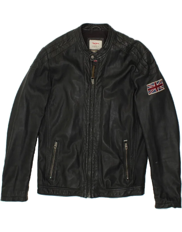 PEPE JEANS Mens Leather Jacket UK 38 Medium Black Leather