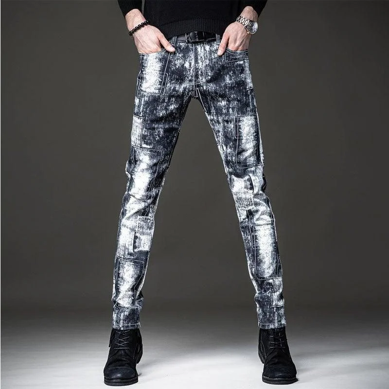 Men's Graffiti Print Patchwork Slim Fit Jeans