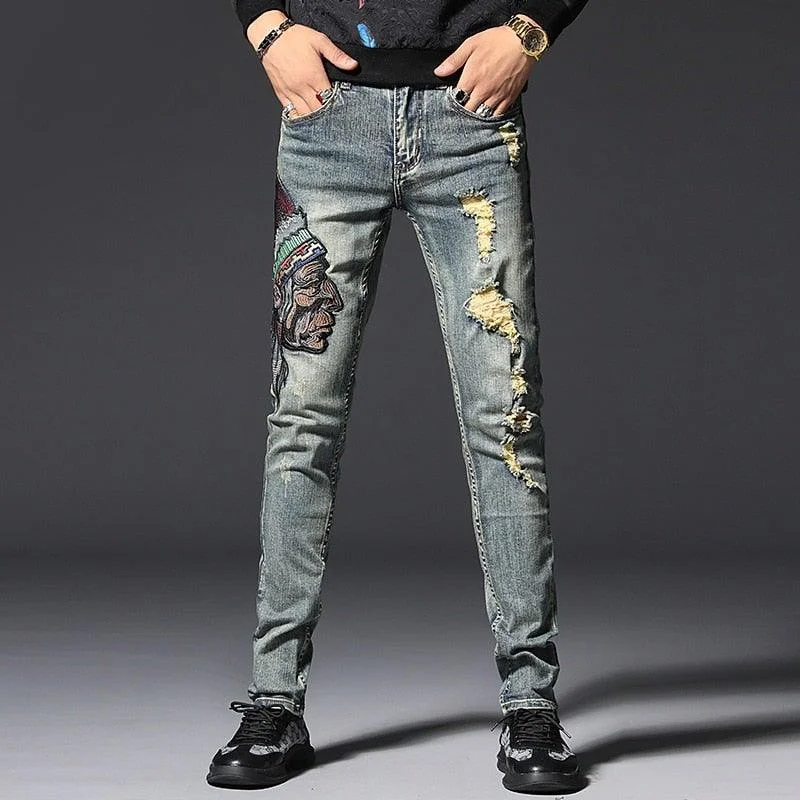 JJD Men’s Distressed Embroidery Jeans