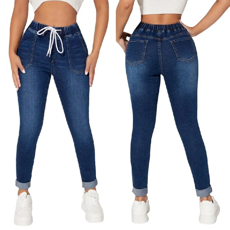 Drawstring Elastic Waist High Skinny Jeans