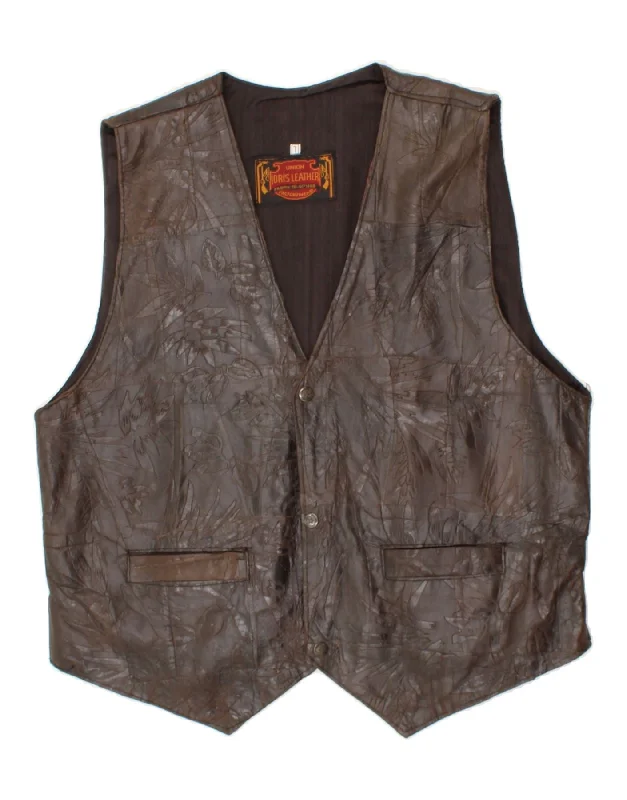 VINTAGE Mens Leather Waistcoat Large Brown Floral Leather