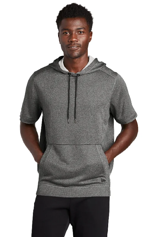 New Era Mens Performance Terry Short Sleeve Hooded Sweatshirt Hoodie w/ Pouch Pocket - Heather Graphite Grey - Closeout