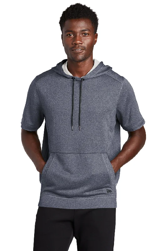 New Era Mens Performance Terry Short Sleeve Hooded Sweatshirt Hoodie w/ Pouch Pocket - Heather True Navy Blue - Closeout