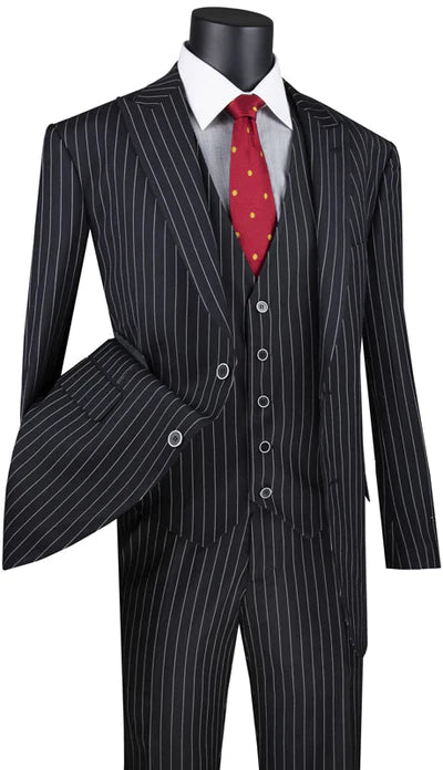 Suitania Collection: Black 3 Piece Pinstripe Single Breasted Regular Fit Suit