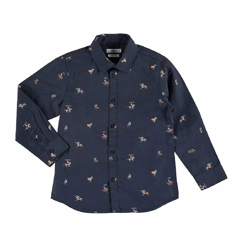 Boy's Horse Print Long Sleeve Shirt In Navy