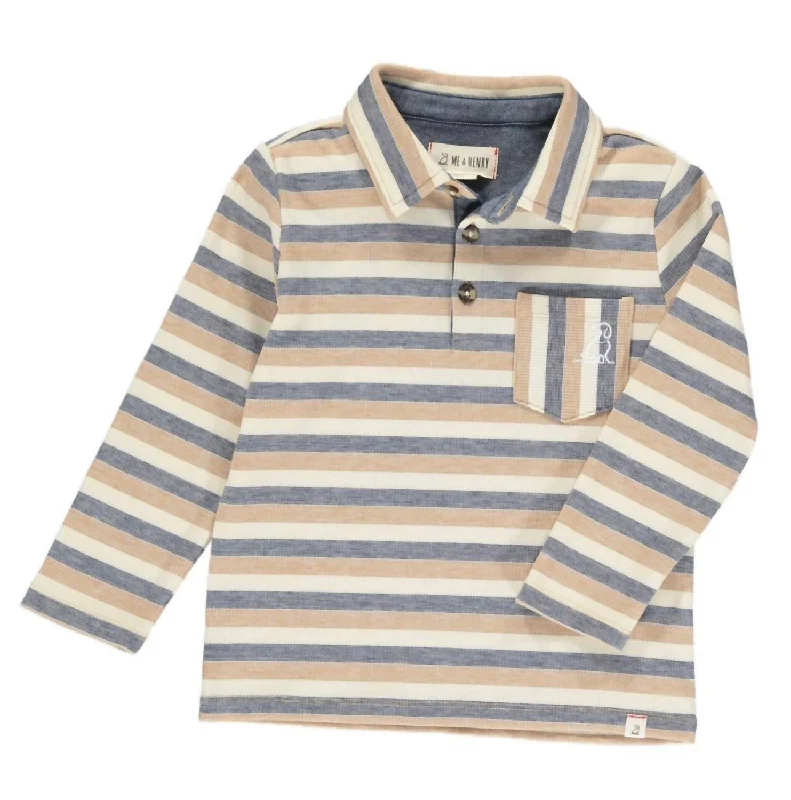 Boy's Long Sleeve Polo Shirt In Rockwood Beige & Navy Stripe