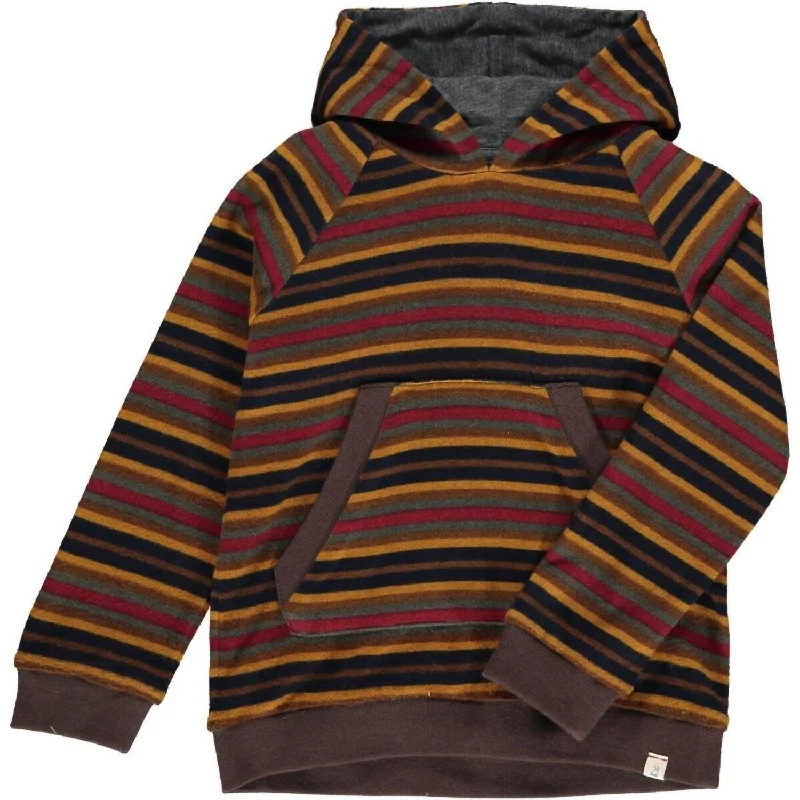 Boy's Oakdale Stripe Long Sleeve Hooded Top In Mustard, Navy & Red