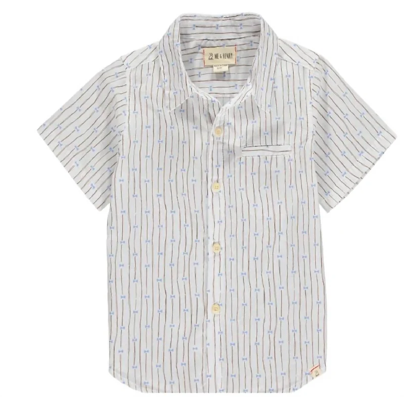 Boy's Pier Bow Tie Print Short Sleeve Shirt In Cream