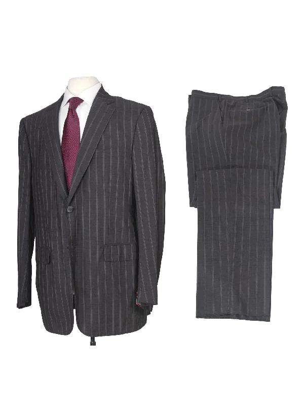 Isaia Mens 46L Drop 8 Gray Striped 150s Wool Silk Blend Slim Fit 2 Piece Suit